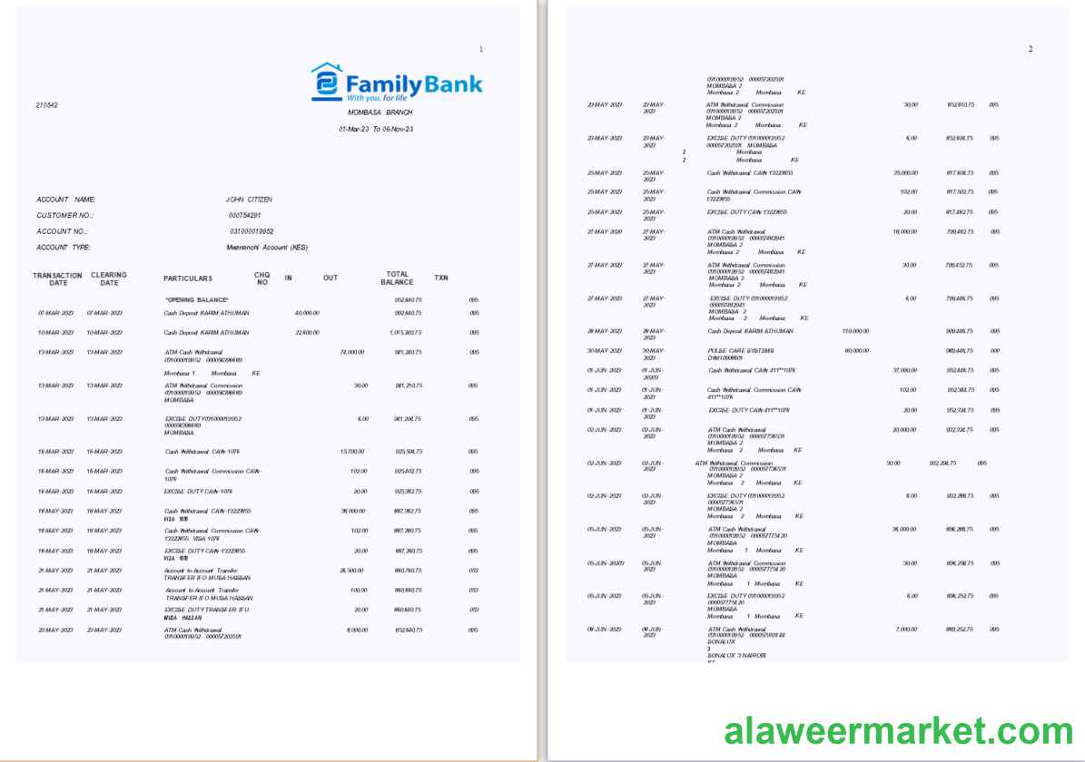 Kenya Family bank statement Word and PDF template, 7 pages